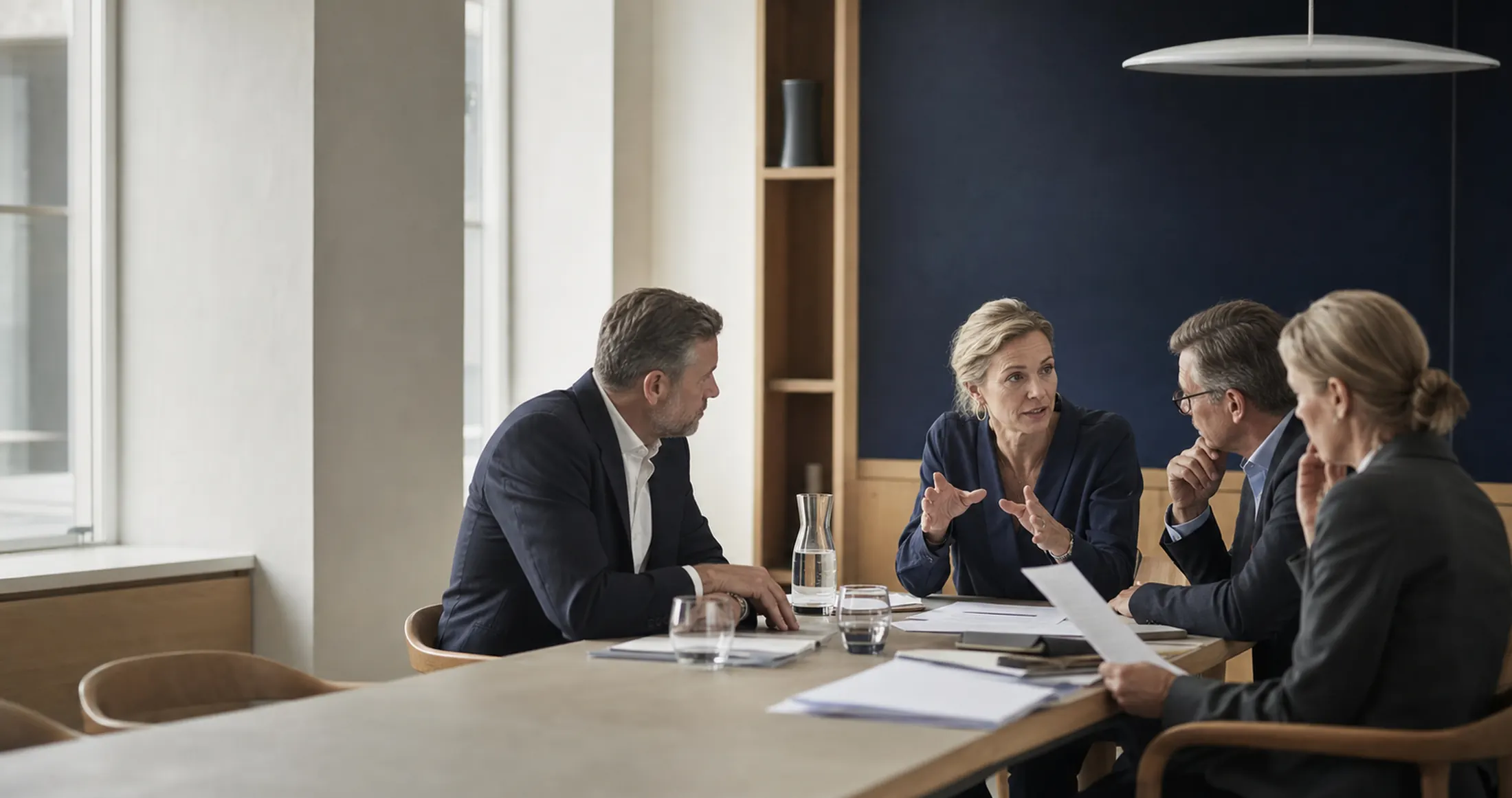 Ledergruppe i drøftelse omkring et mødebord i et lyst, nordisk mødelokale
